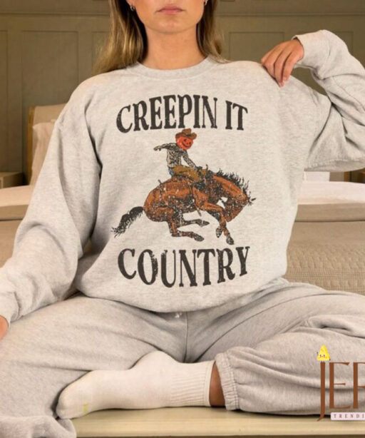 Vintage Creepin' It Pumpkin Skull Sweatshirt, Country Halloween Vibes, Halloween Pumpkin Women Sweatshirt, Western Halloween Sweatshirt