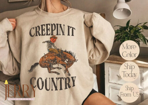 Vintage Creepin' It Pumpkin Skull Sweatshirt, Country Halloween Vibes, Halloween Pumpkin Women Sweatshirt, Western Halloween Sweatshirt