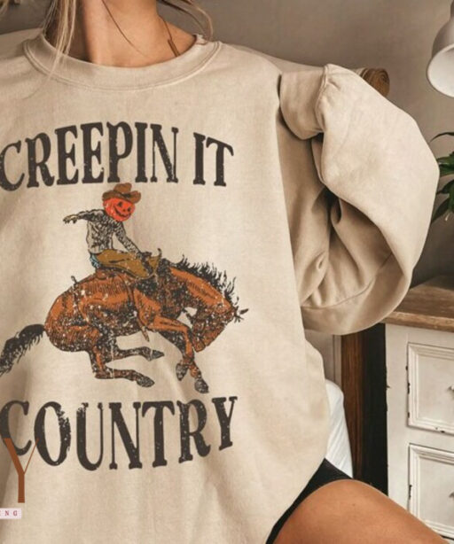 Vintage Creepin' It Pumpkin Skull Sweatshirt, Country Halloween Vibes, Halloween Pumpkin Women Sweatshirt, Western Halloween Sweatshirt