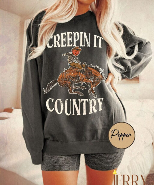 Vintage Creepin' It Pumpkin Skull Sweatshirt, Country Halloween Vibes, Halloween Pumpkin Women Sweatshirt, Western Halloween Sweatshirt