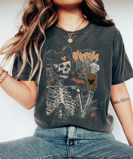 Vintage Disney Halloween Skeleton Comfort Color Shirt, Disney Funny Skeleton T-Shirt, Disney Halloween Party Shirt, Coffee Lovers Gift Tee.