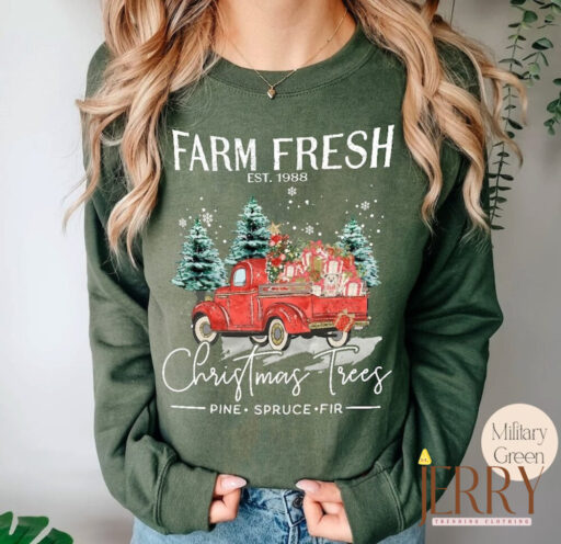 Vintage Farm Fresh Red Truck Christmas Trees Sweatshirt, Cute Christmas Sweater, Christmas Family Sweatshirt, Christmas Tree Sweatshirt