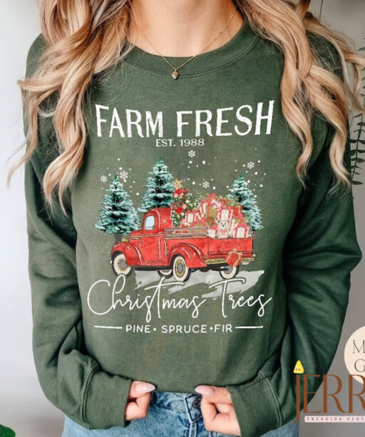 Vintage Farm Fresh Red Truck Christmas Trees Sweatshirt, Cute Christmas Sweater, Christmas Family Sweatshirt, Christmas Tree Sweatshirt