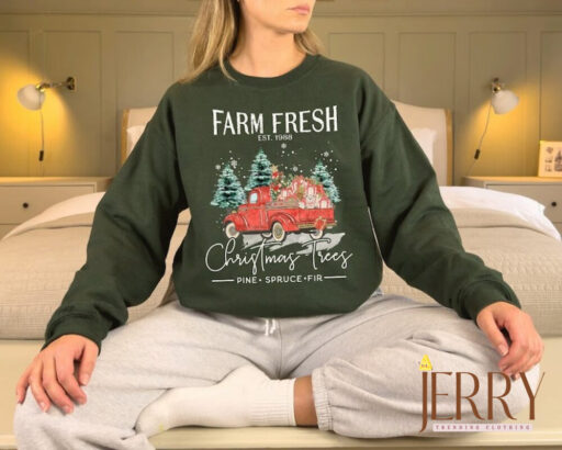 Vintage Farm Fresh Red Truck Christmas Trees Sweatshirt, Cute Christmas Sweater, Christmas Family Sweatshirt, Christmas Tree Sweatshirt