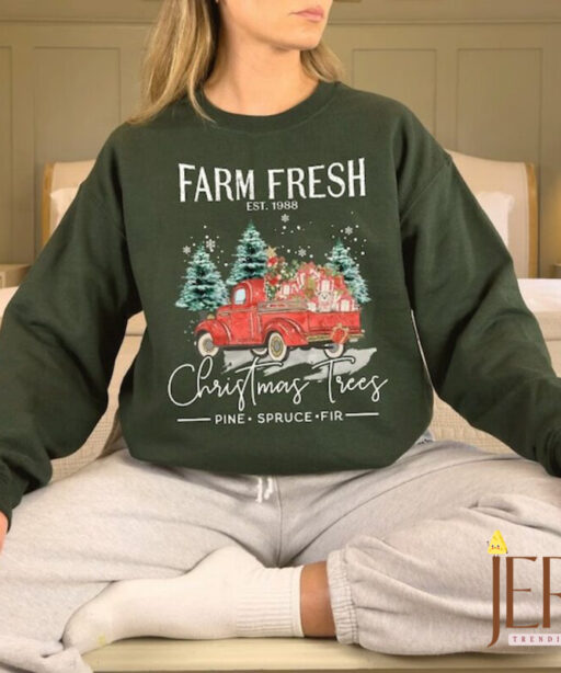 Vintage Farm Fresh Red Truck Christmas Trees Sweatshirt, Cute Christmas Sweater, Christmas Family Sweatshirt, Christmas Tree Sweatshirt