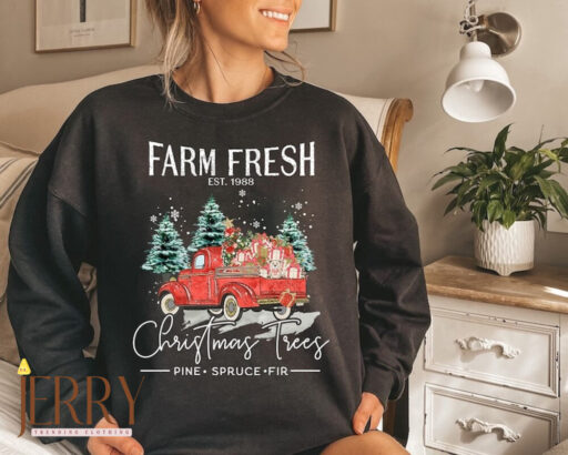 Vintage Farm Fresh Red Truck Christmas Trees Sweatshirt, Cute Christmas Sweater, Christmas Family Sweatshirt, Christmas Tree Sweatshirt