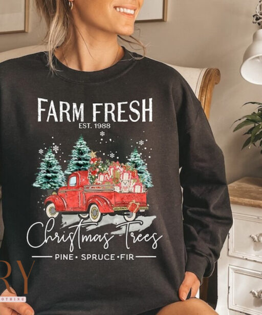 Vintage Farm Fresh Red Truck Christmas Trees Sweatshirt, Cute Christmas Sweater, Christmas Family Sweatshirt, Christmas Tree Sweatshirt