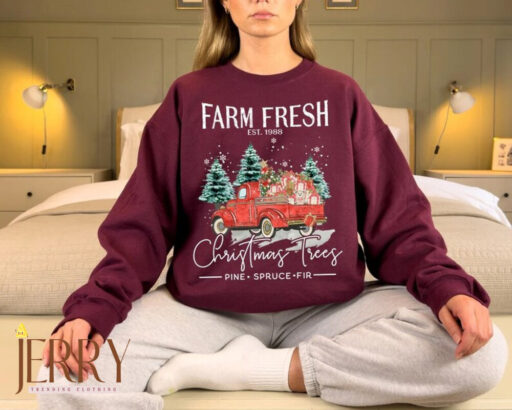 Vintage Farm Fresh Red Truck Christmas Trees Sweatshirt, Cute Christmas Sweater, Christmas Family Sweatshirt, Christmas Tree Sweatshirt