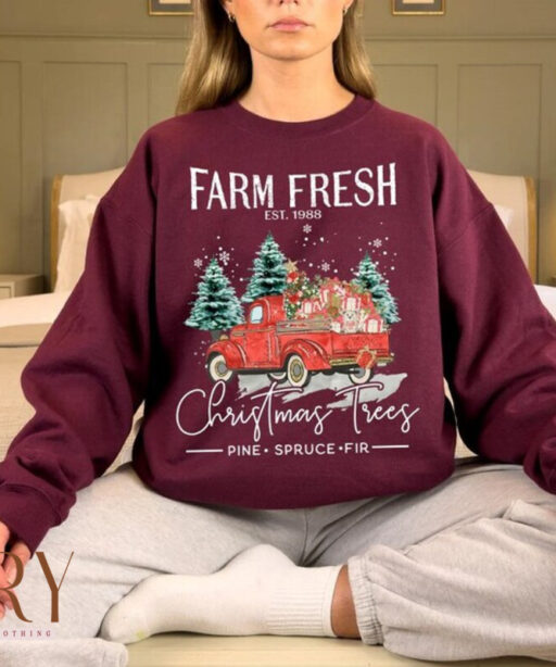 Vintage Farm Fresh Red Truck Christmas Trees Sweatshirt, Cute Christmas Sweater, Christmas Family Sweatshirt, Christmas Tree Sweatshirt