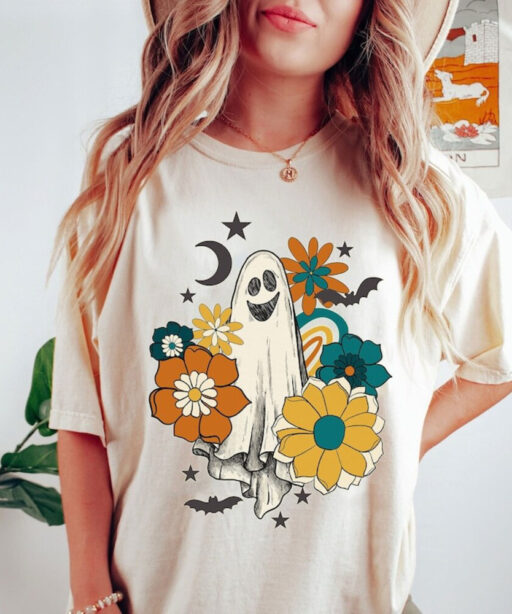 Vintage Floral Ghost Halloween Shirt, Floral Ghost Sweatshirt, Floral Ghost Shirt, Flower Halloween Shirt, Ghost Halloween Shirt for Women