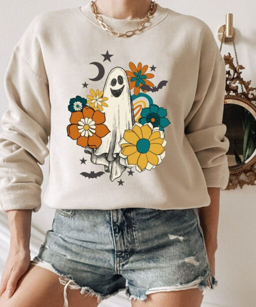 Vintage Floral Ghost Halloween Shirt, Floral Ghost Sweatshirt, Floral Ghost Shirt, Flower Halloween Shirt, Ghost Halloween Shirt for Women