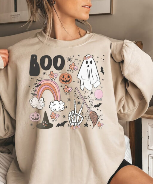 Vintage Halloween Floral Boo Sweatshirt, Halloween Pumpkin Rainbow Comfort Color Shirt, Halloween Party Tee, Trick or Treat Unisex T-Shirt.