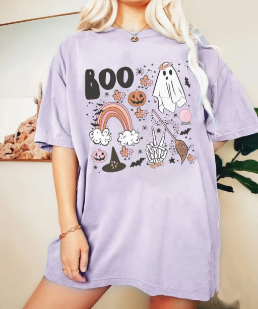 Vintage Halloween Floral Boo Sweatshirt, Halloween Pumpkin Rainbow Comfort Color Shirt, Halloween Party Tee, Trick or Treat Unisex T-Shirt.