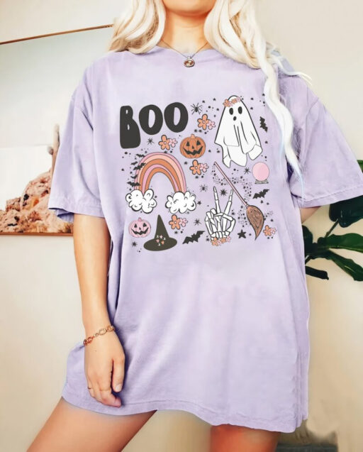 Vintage Halloween Floral Boo Sweatshirt, Halloween Pumpkin Rainbow Comfort Color Shirt, Halloween Party Tee, Trick or Treat Unisex T-Shirt.