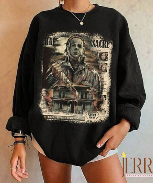 Vintage Michael Myers Massacre Newspaper, Horror Halloween Sweatshirt, Halloween Shirt, Michael Myers Sweatshirt, Horror Movie Sweatshirt