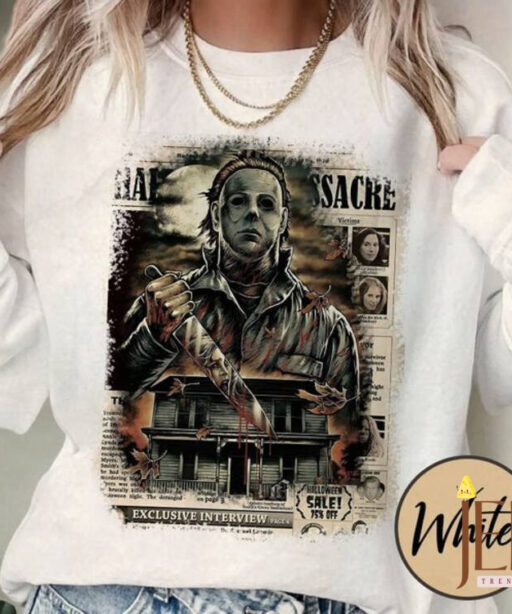 Vintage Michael Myers Massacre Newspaper, Horror Halloween Sweatshirt, Halloween Shirt, Michael Myers Sweatshirt, Horror Movie Sweatshirt