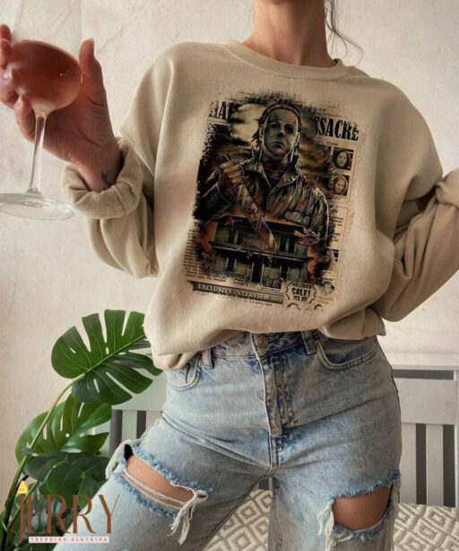 Vintage Michael Myers Massacre Newspaper, Horror Halloween Sweatshirt, Halloween Shirt, Michael Myers Sweatshirt, Horror Movie Sweatshirt