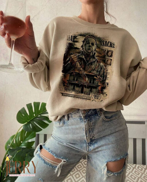 Vintage Michael Myers Massacre Newspaper, Horror Halloween Sweatshirt, Halloween Shirt, Michael Myers Sweatshirt, Horror Movie Sweatshirt