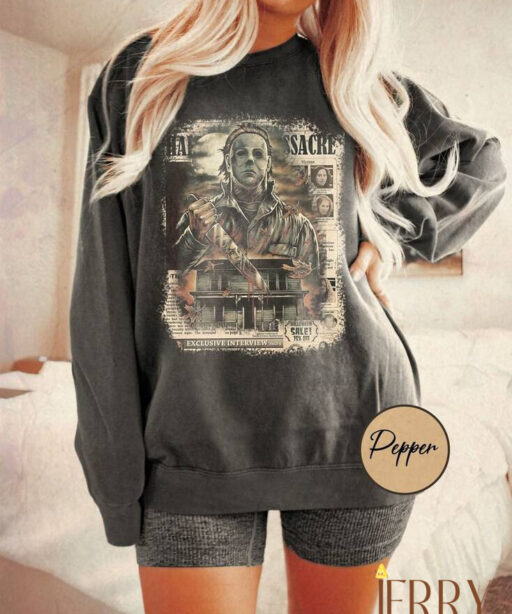 Vintage Michael Myers Massacre Newspaper, Horror Halloween Sweatshirt, Halloween Shirt, Michael Myers Sweatshirt, Horror Movie Sweatshirt