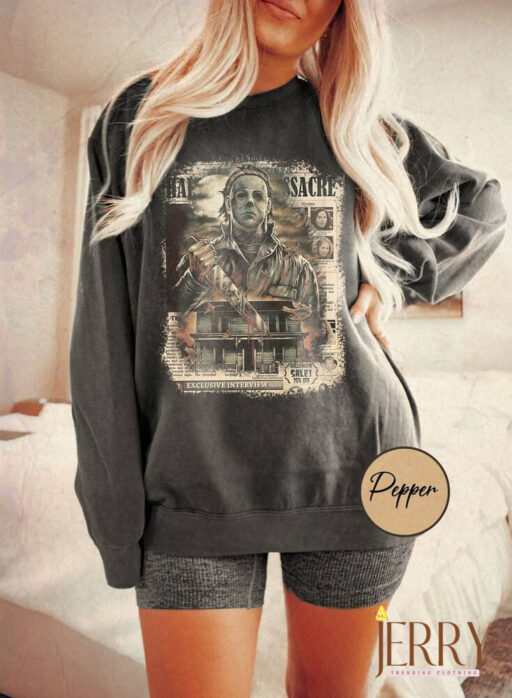 Vintage Michael Myers Massacre Newspaper, Horror Halloween Sweatshirt, Halloween Shirt, Michael Myers Sweatshirt, Horror Movie Sweatshirt