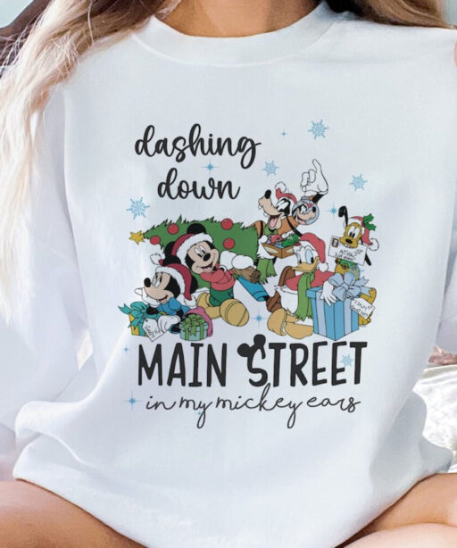 Vintage Mickey And Friends Christmas Shirt, Dashing Down Main Street In My Mickey Ears Shirt, Disney Christmas Shirt, Disney Holiday Shirt