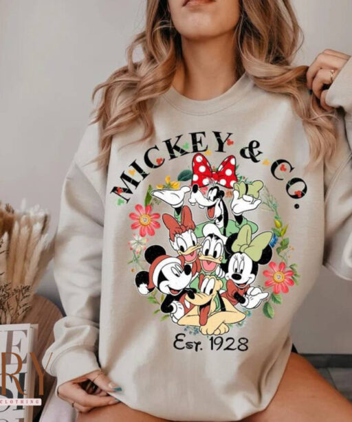 Vintage Mickey & Co. 1928 Christmas Sweatshirt, Vintage Mickey and Friends Christmas Wreath Sweatshirt, Mickeys Very Merry Christmas Sweater