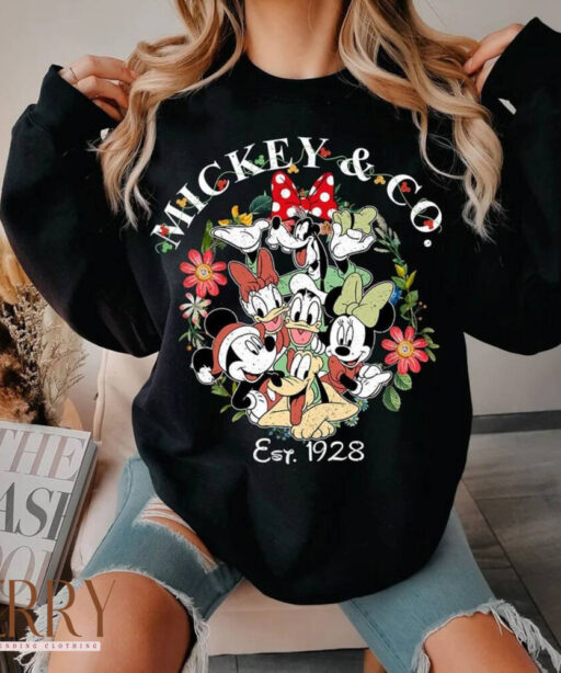 Vintage Mickey & Co. 1928 Christmas Sweatshirt, Vintage Mickey and Friends Christmas Wreath Sweatshirt, Mickeys Very Merry Christmas Sweater