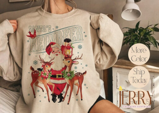 Vintage Santa's Reindeer Comfort Sweatshirt, Christmas Classic Sweatshirt, Christmas Women Sweatshirt, Women Christmas Santa Sweatshirt