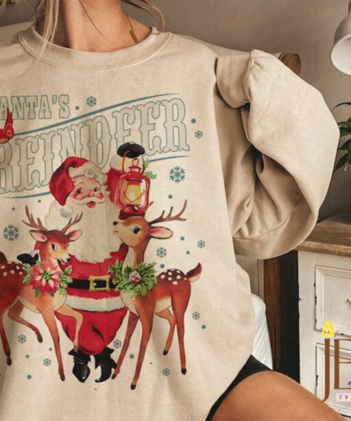 Vintage Santa's Reindeer Comfort Sweatshirt, Christmas Classic Sweatshirt, Christmas Women Sweatshirt, Women Christmas Santa Sweatshirt