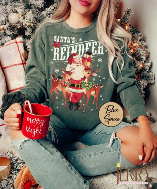 Vintage Santa's Reindeer Comfort Sweatshirt, Christmas Classic Sweatshirt, Christmas Women Sweatshirt, Women Christmas Santa Sweatshirt