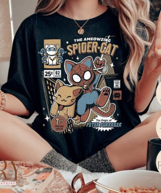 Vintage Spider Cat Unisex T-Shirt, Spiderman Across the Spider-Verse T-Shirt, Marvel Comics Shirt, Spider Ghost Tee, MCU Fan Gift Shirt