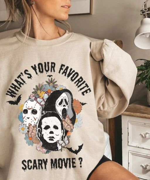 What's your favorite scary movie shirt, Horror character shirt, scary movie, Horror Movie, scream, ghostface, jason, Flowers horror movie