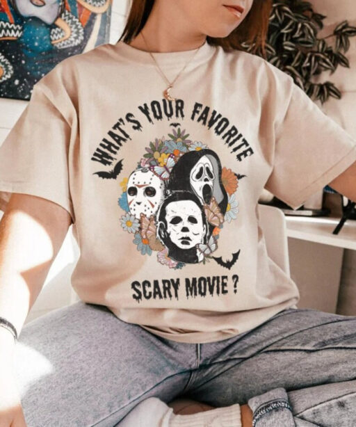 What's your favorite scary movie shirt, Horror character shirt, scary movie, Horror Movie, scream, ghostface, jason, Flowers horror movie