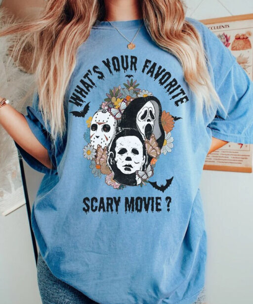 What's your favorite scary movie shirt, Horror character shirt, scary movie, Horror Movie, scream, ghostface, jason, Flowers horror movie