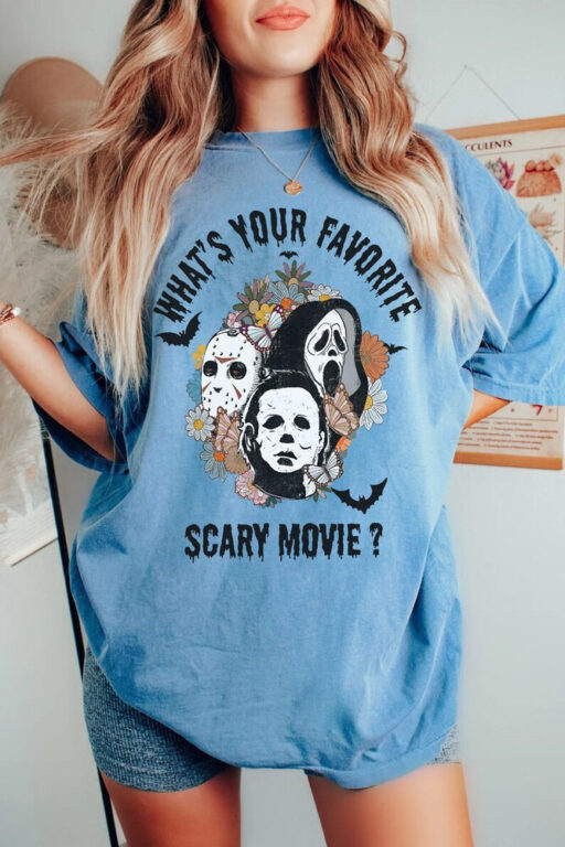 What's your favorite scary movie shirt, Horror character shirt, scary movie, Horror Movie, scream, ghostface, jason, Flowers horror movie