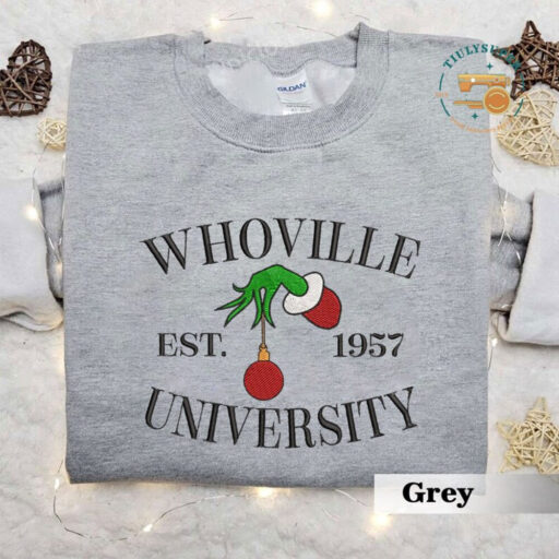 Whoville University Embroidered Sweatshirt, Christmas Embroidery Sweatshirt, Cute Sleeve