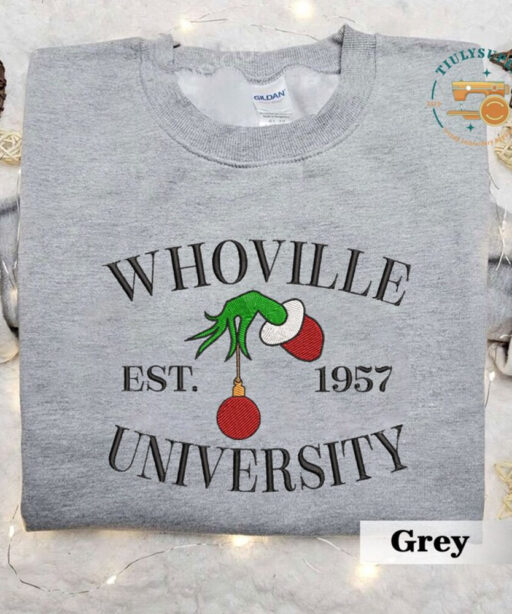 Whoville University Embroidered Sweatshirt, Christmas Embroidery Sweatshirt, Cute Sleeve