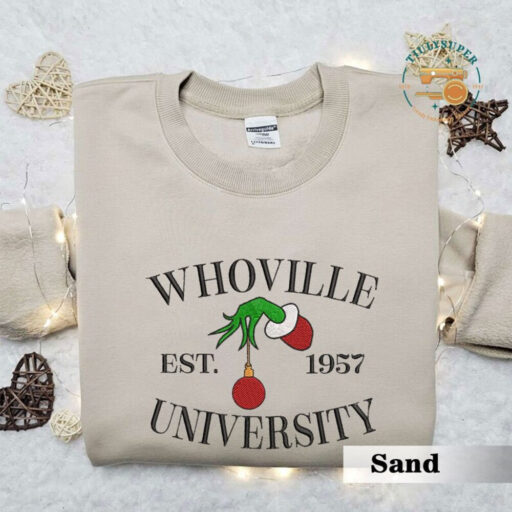 Whoville University Embroidered Sweatshirt, Christmas Embroidery Sweatshirt, Cute Sleeve