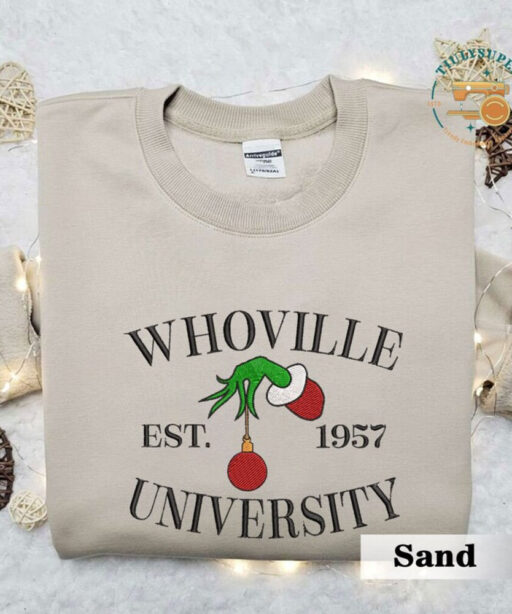 Whoville University Embroidered Sweatshirt, Christmas Embroidery Sweatshirt, Cute Sleeve