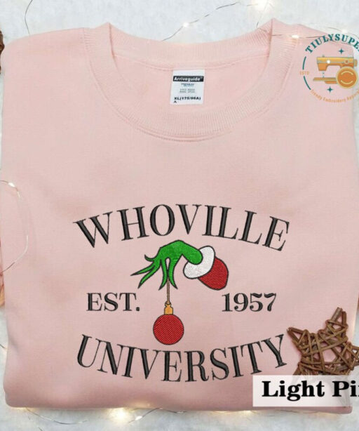 Whoville University Embroidered Sweatshirt, Christmas Embroidery Sweatshirt, Cute Sleeve