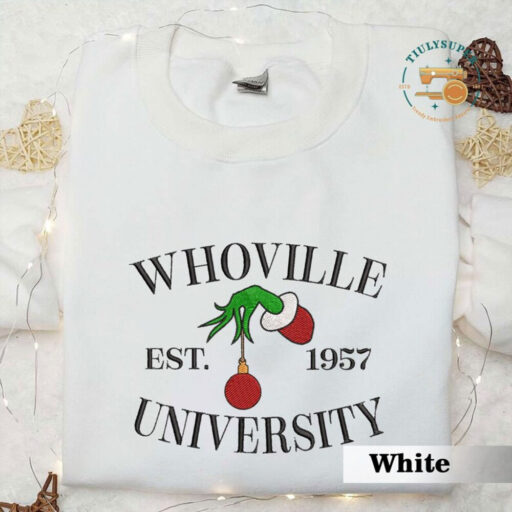 Whoville University Embroidered Sweatshirt, Christmas Embroidery Sweatshirt, Cute Sleeve