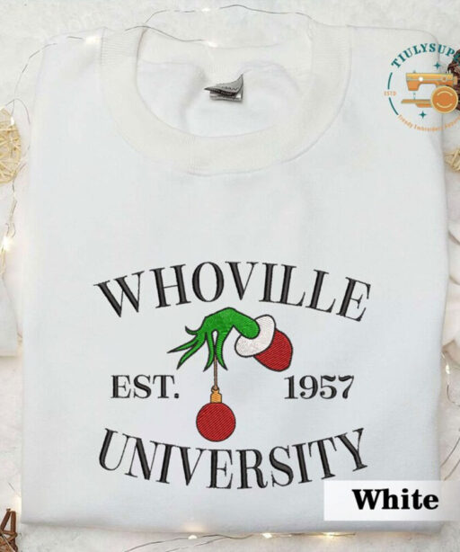 Whoville University Embroidered Sweatshirt, Christmas Embroidery Sweatshirt, Cute Sleeve