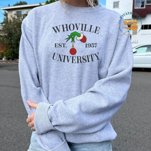 Whoville University Embroidered Sweatshirt, Christmas Embroidery Sweatshirt, Cute Sleeve