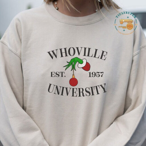 Whoville University Embroidered Sweatshirt, Christmas Embroidery Sweatshirt, Cute Sleeve