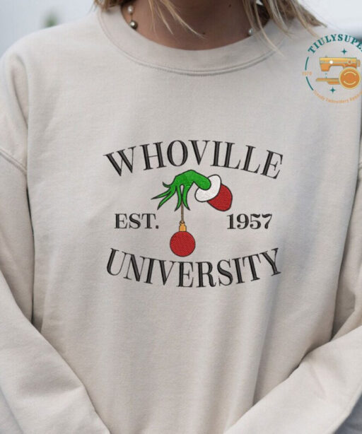 Whoville University Embroidered Sweatshirt, Christmas Embroidery Sweatshirt, Cute Sleeve