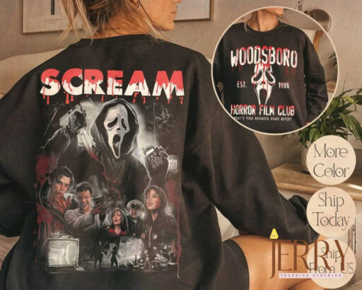 Woodsboro Horror Film Club 2 Sided Sweatshirt, Scary Halloween Hoodie, Horror Film Club Sweater, Woodsboro Scream, Scream Ghost Shirt