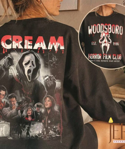 Woodsboro Horror Film Club 2 Sided Sweatshirt, Scary Halloween Hoodie, Horror Film Club Sweater, Woodsboro Scream, Scream Ghost Shirt