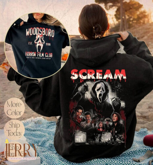 Woodsboro Horror Film Club 2 Sided Sweatshirt, Scary Halloween Hoodie, Horror Film Club Sweater, Woodsboro Scream, Scream Ghost Shirt