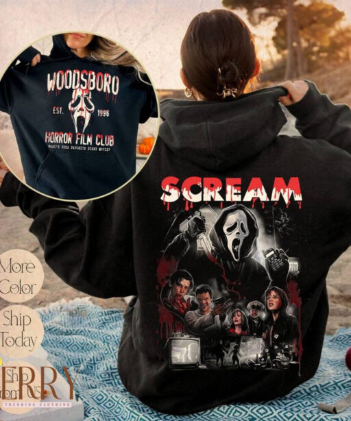 Woodsboro Horror Film Club 2 Sided Sweatshirt, Scary Halloween Hoodie, Horror Film Club Sweater, Woodsboro Scream, Scream Ghost Shirt