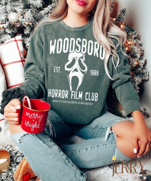 Woodsboro Horror Film Club Comfort Sweatshirt, Vintage Halloween Woman Sweatshirt, Thriller Movie, Horror Movies, Scary Movie, Ghost Face